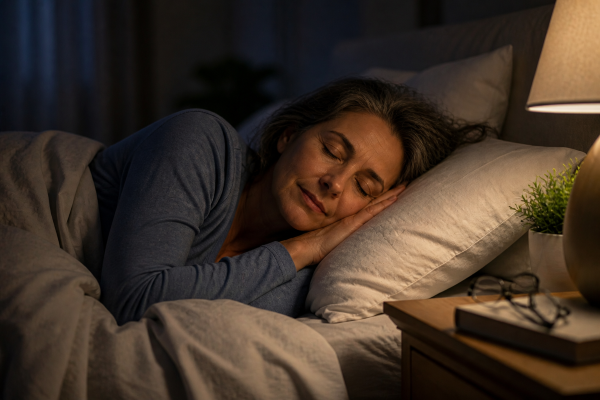 adult sleeping peacefully in a softly lit bedroom with comfortable bedding at night