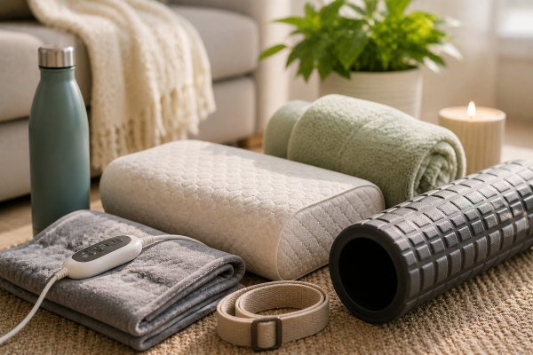 close up of wellness tools including foam roller pillow heating pad and water bottle in a calm home setting