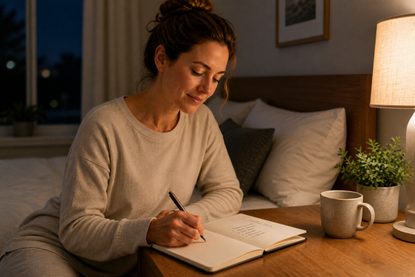 person writing in a notebook at night beside a bed with soft lighting to clear the mind before sleep