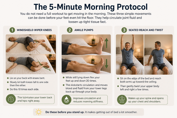 simple morning stretches in bed including knee rotations ankle pumps and seated twist to reduce stiffness