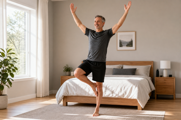 person standing on one leg near a window practicing balance as part of a daily routine