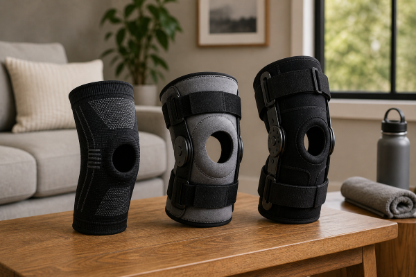 different types of knee braces on a table showing support options for knee stability and daily use