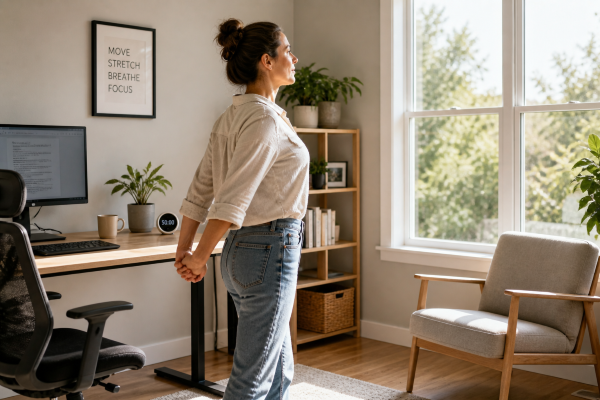 person standing and stretching near a desk by a window after sitting for a period of time