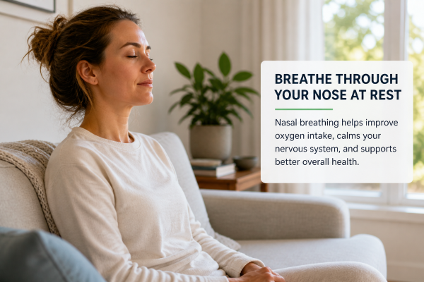 person sitting calmly with eyes closed breathing through nose in a relaxed home setting