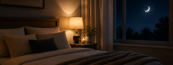 calm bedroom at night with soft lighting and comfortable bed for better sleep