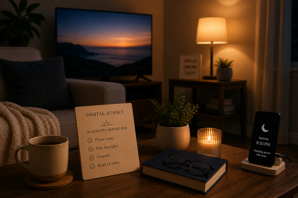 calm bedroom at night with soft lighting and comfortable bed for better sleep