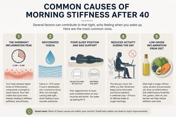 simple visual showing causes of morning stiffness including sleep position dehydration and inflammation