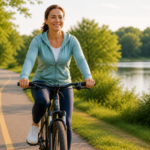 woman riding a bicycle on a peaceful path in morning sunlight staying active in a balanced way