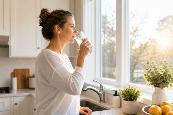 glass of water in morning light before coffee as part of a simple daily habit