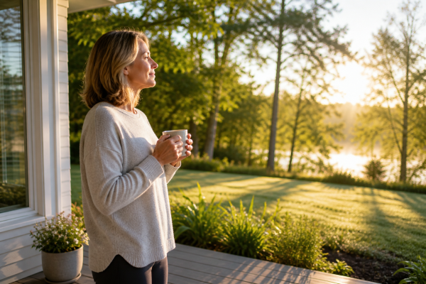 person standing outside in early morning sunlight looking out over a peaceful yard as part of a daily routine