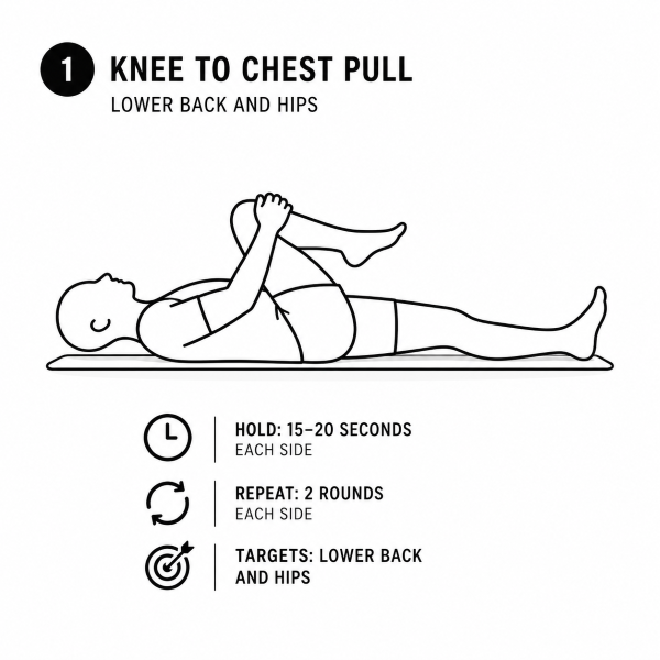 1. Knee to Chest Pull (Lower Back and Hips)
