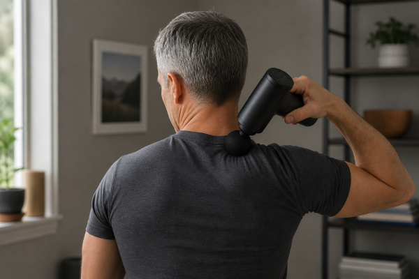 man over 40 using a massage gun on his shoulder from behind in a calm home setting