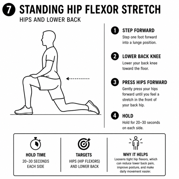 7. Standing Hip Flexor Stretch (Hips and Lower Back)
