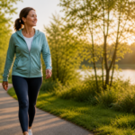 woman walking on a peaceful path in soft morning sunlight staying active in a balanced way