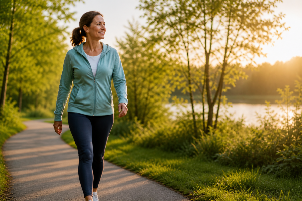 woman walking on a peaceful path in soft morning sunlight staying active in a balanced way