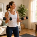 woman doing light dumbbell exercises in a bright living room as part of a strength training routine