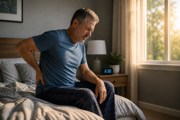 person sitting on bed in the morning holding lower back due to stiffness and discomfort