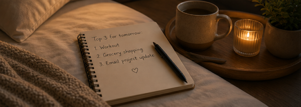 notebook and pen used before bed to write tasks and clear the mind for sleep