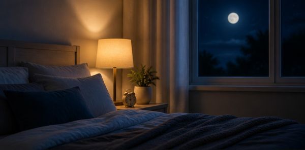 calm bedroom at night with soft lighting and comfortable bed for better sleep