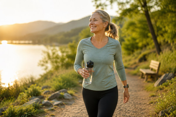 Woman over 40 walking outdoors near a lake during sunrise to support healthy energy and active aging