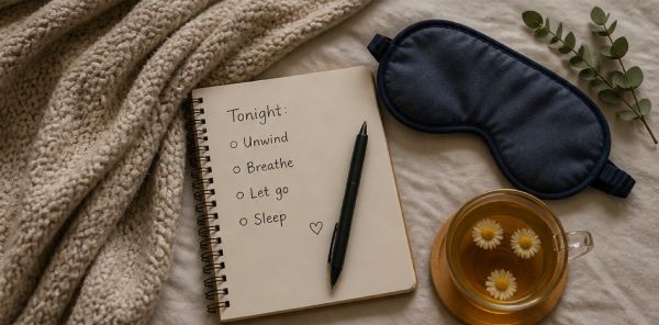 simple bedtime routine items like sleep mask journal and tea for winding down