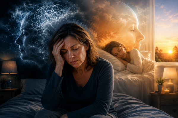 Woman over 40 experiencing stress-related sleep problems while contrasting image shows calm restorative sleep after reducing cortisol levels.