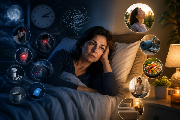 Middle-aged woman lying awake in bed at night with visual symbols representing stress, pain, racing thoughts, and healthy sleep habits after age 40.
