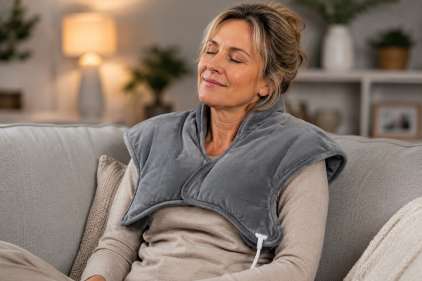 Heating pad wrapped around the neck and shoulders helping relieve muscle tension, stiffness, and neck pain through soothing heat therapy.