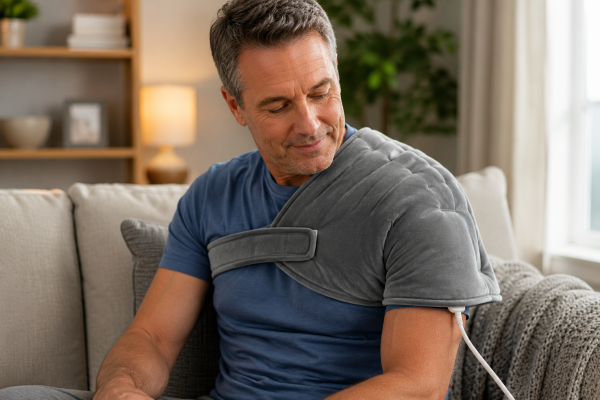 Heating pad wrapped around the shoulder helping relieve stiffness, muscle tension, and shoulder pain through soothing heat therapy.