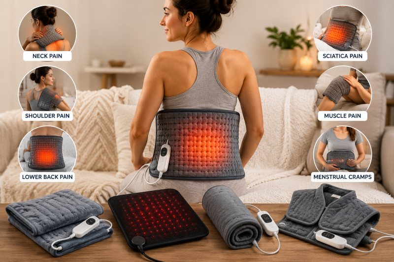 Large heating pad used for pain relief in the lower back, hips, neck, and shoulders through soothing heat therapy.
