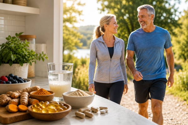 Adults over 50 supporting joint health and mobility with supplements and an active lifestyle to reduce morning stiffness.
