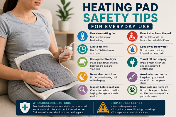 Person safely using a heating pad with a protective cloth barrier while relaxing at home.