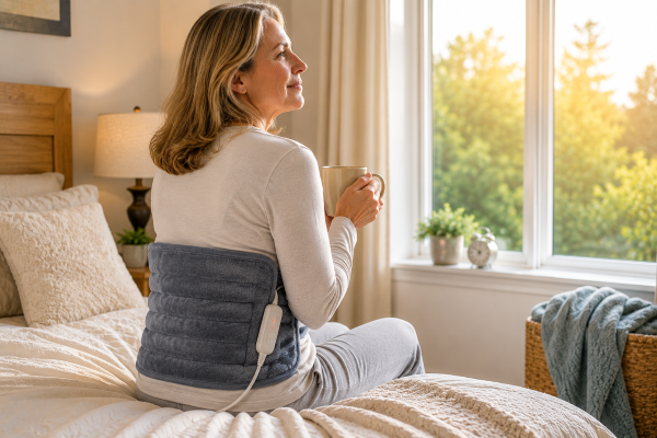 Woman using a heating pad on her lower back while sitting in bed during the morning to relieve joint stiffness and muscle tension.