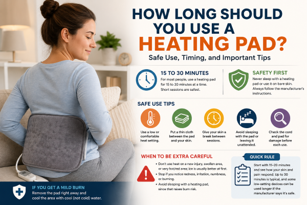 Person using a heating pad safely on their lower back while relaxing at home during a short heat therapy session.