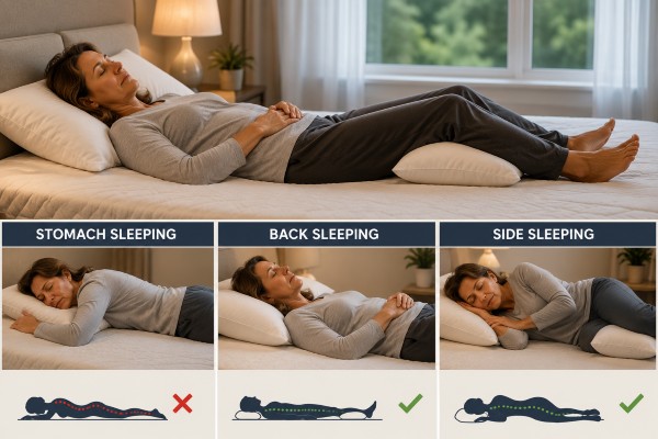 Adult sleeping in a proper side-sleeping position with pillow support between the knees to reduce morning joint stiffness and back pain.
