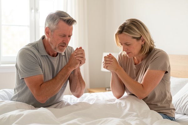 An older couple waking up with mild morning stiffness in their wrists and shoulders.