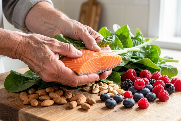 A wooden kitchen counter with salmon, leafy greens, berries, and nuts prepared for a joint-healthy meal.
