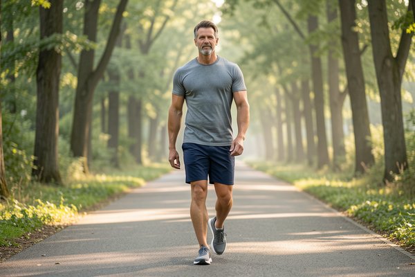 A man in his 40s walking on a tree-lined path during a relaxed morning walk.