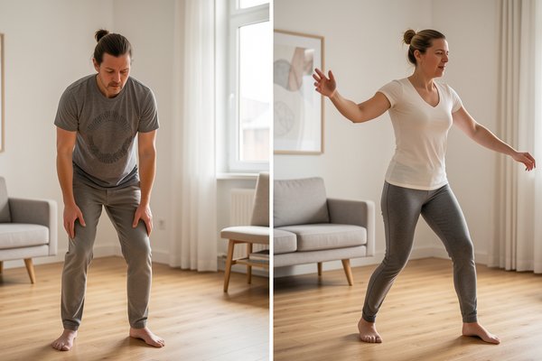 Side-by-side view of morning stiffness versus comfortable movement in an older adult.