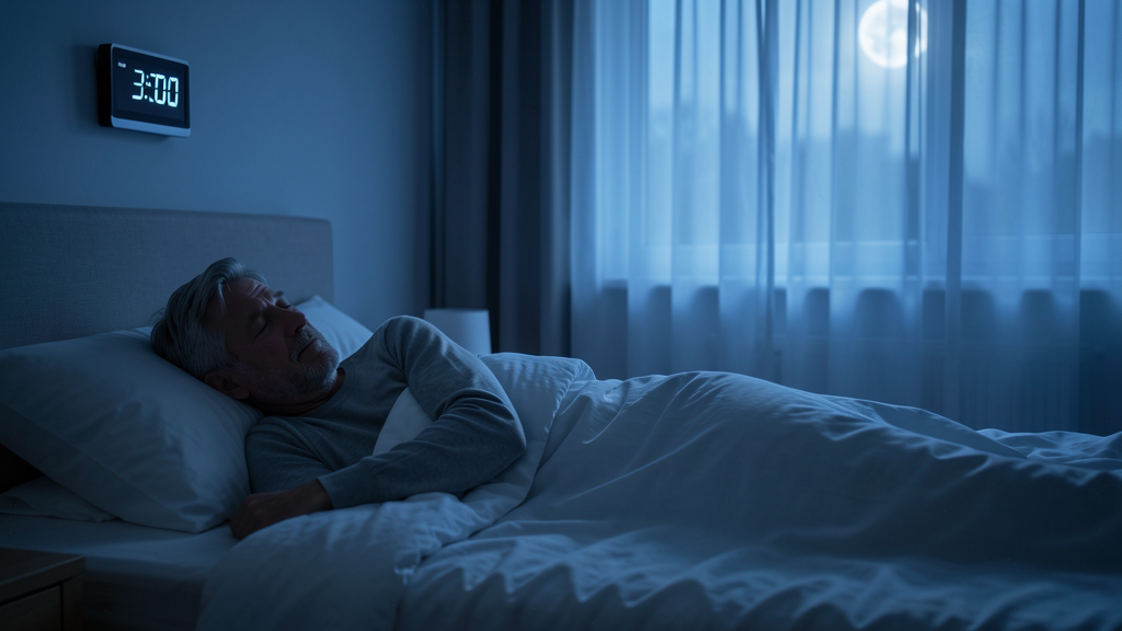 Middle-aged adult awake in bed at 3 AM with soft blue moonlight