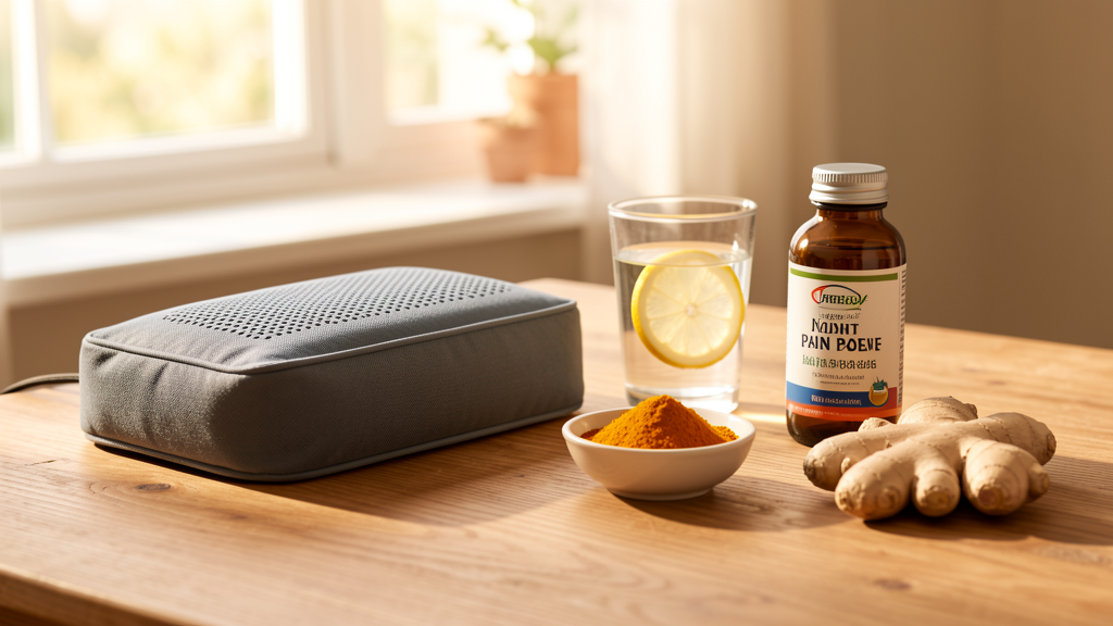 Natural joint pain remedies on a wooden table with heating pad, turmeric, ginger, and fish oil