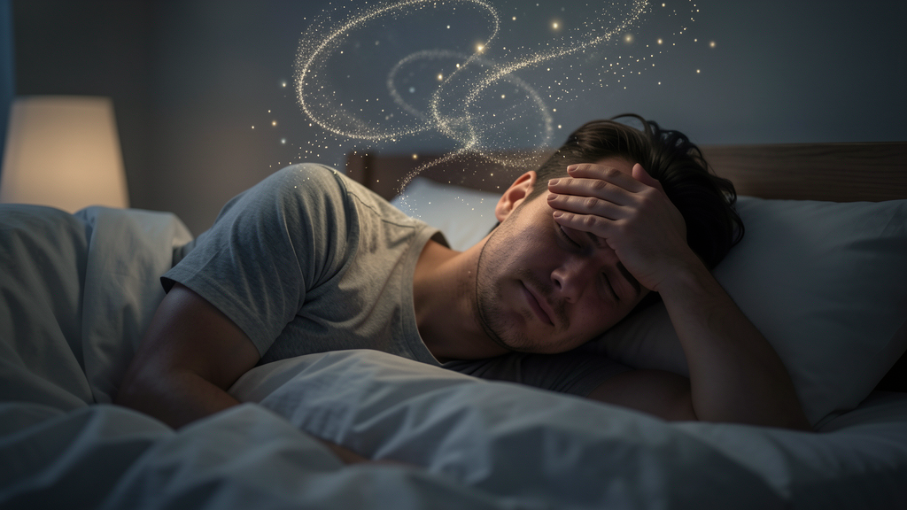 Adult lying in bed at night with a racing mind, soft cinematic lighting