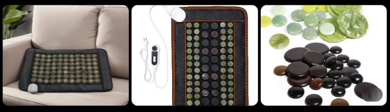 Infrared heating pad containing jade and tourmaline stones used for heat therapy and pain relief.