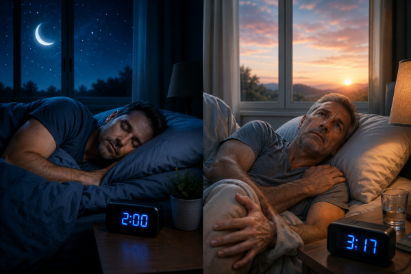Split image showing a younger adult sleeping peacefully and an older adult awake at 3:17 AM, illustrating how sleep patterns change with age.