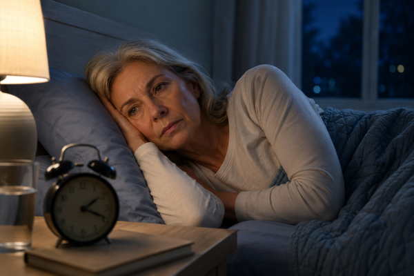 Older woman lying awake in bed at night, illustrating common sleep problems and nighttime wakefulness after age 50.