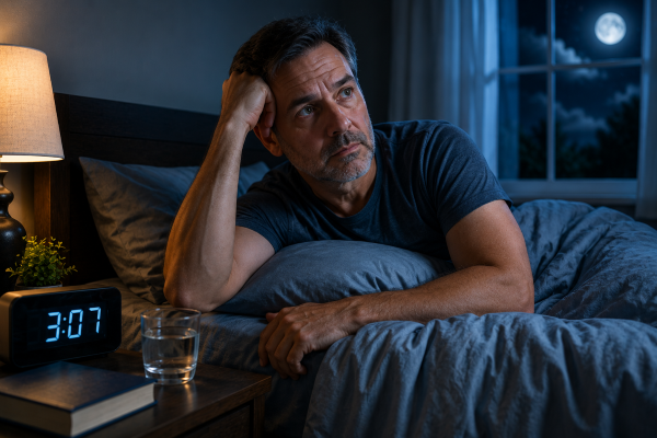 Middle-aged man awake in bed at 3:07 AM looking worried as he struggles to fall back asleep, with a bedside clock, glass of water, and moonlit bedroom illustrating common nighttime awakenings after age 40.