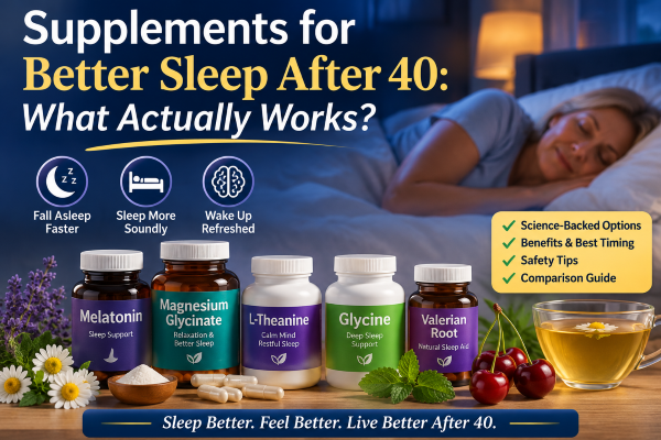 Bottles of natural sleep supplements including melatonin, magnesium glycinate, and herbal remedies used to support better sleep after age 40.