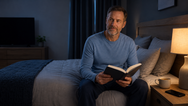 Man over 40 reading beside his bed while following a relaxing nighttime routine for better sleep.
