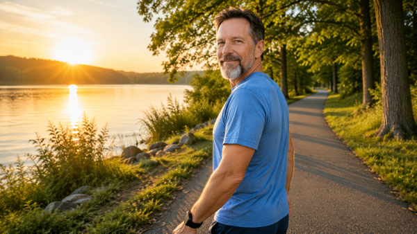 Man walking on a peaceful lakeside trail at sunrise to improve sleep quality and overall health after 40.