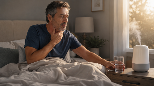 Man over 40 waking with a dry mouth and reaching for water beside a bedroom humidifier.